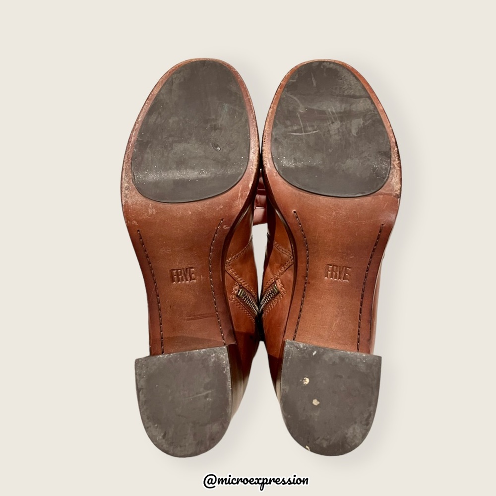 $389 Frye Joan Campus Cognac Brown Side Zip Leather Block Heel Cute Ankle Bootie - Picture 10 of 14